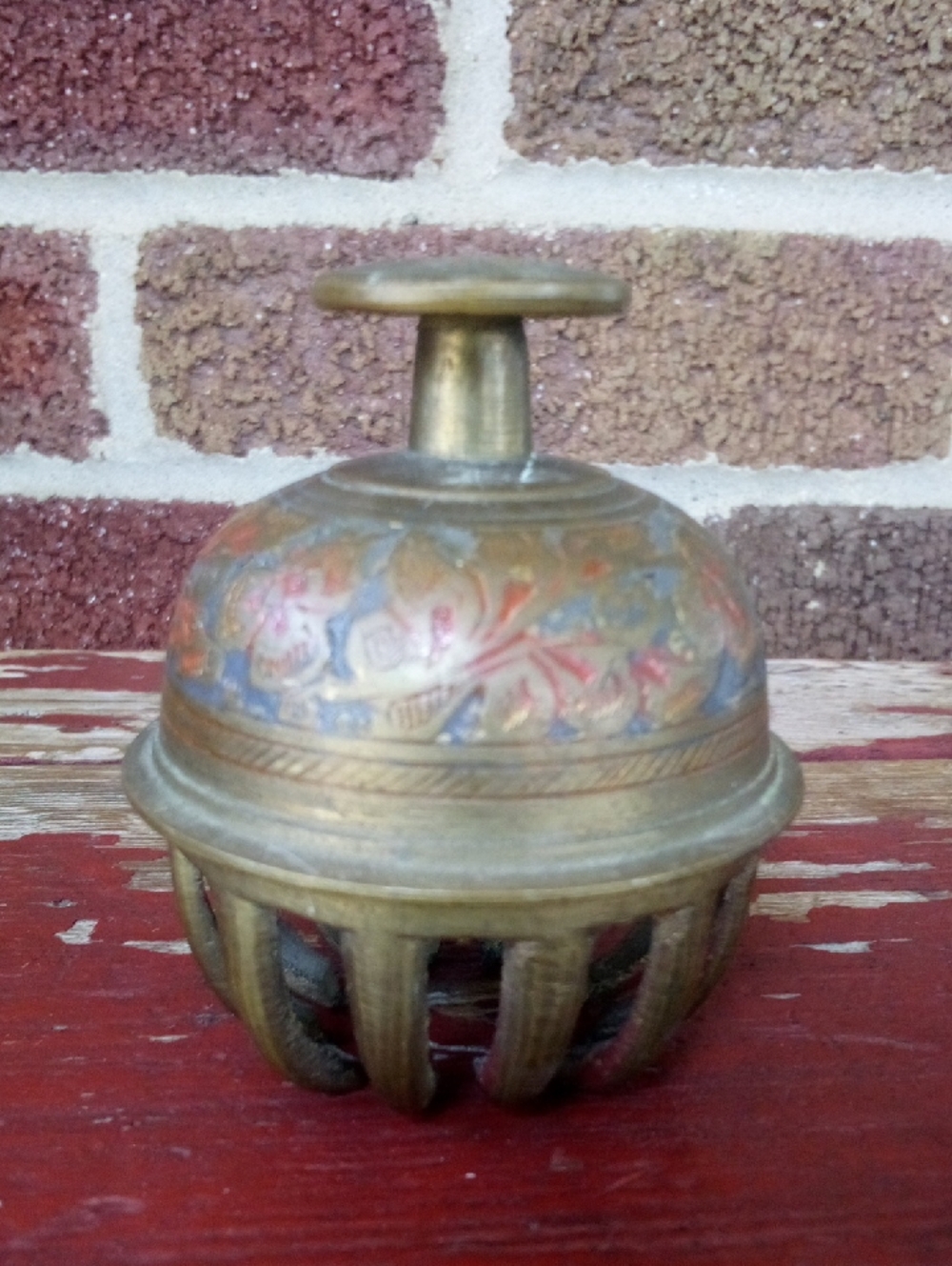 Antique India Elephant Bell Painted Of Ornate Brass 2.5" High